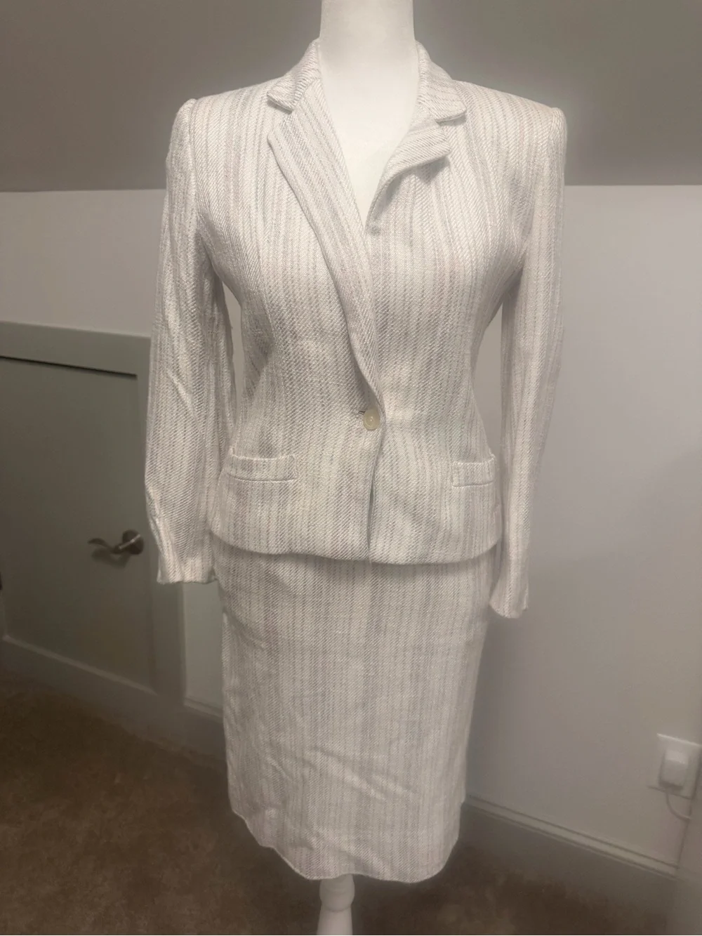 Christian Dior Vintage Petites Skirt Suit Set White Textured Striped Blazer Sz2